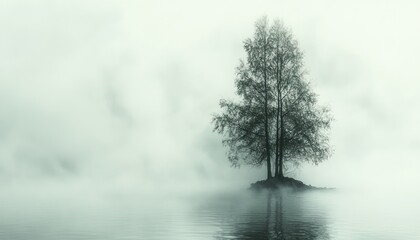 Misty Morning Solitude: A Single Tree on a Foggy Lake