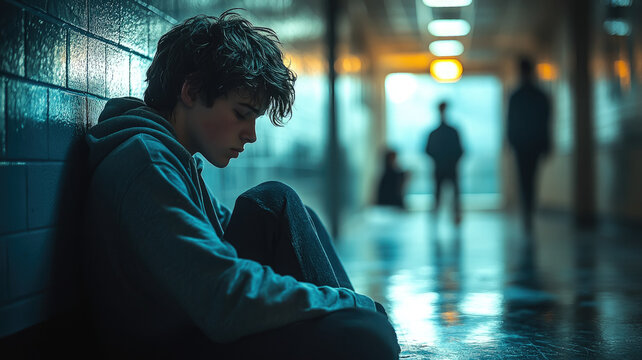 Teenage boy sitting on floor in school hallway, face hidden under hoodie, depression, bullying, incel, child, teenager, kids, schoolboy
