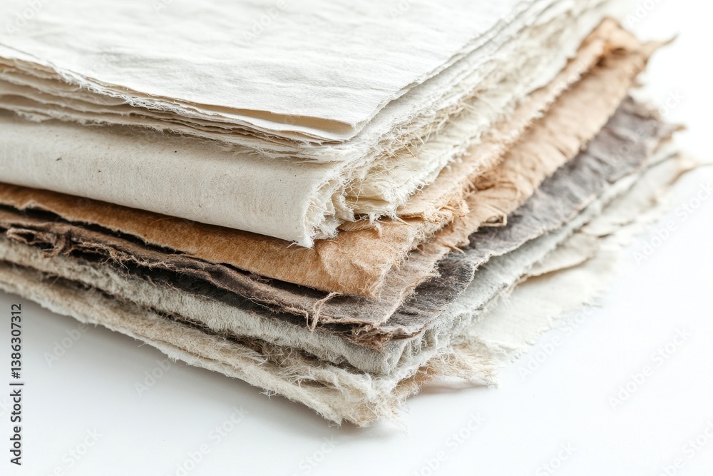 Poster Handmade paper sheets stacked neatly on a white surface, showcasing their unique texture and natural materials for crafting and artisanal projects