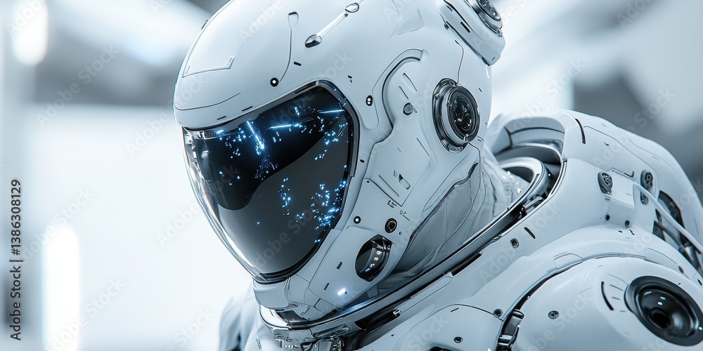 Aufkleber A futuristic humanoid robot in a sleek white spacesuit stands silently against a plain backdrop, showcasing advanced technology and human-like features in a modern display
