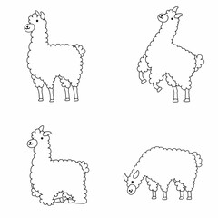 Fototapeta premium Line art or outline cute cartoon alpaca coloring set for kids. Perfect for educational worksheets, coloring books, preschool activities, and fun animal themed learning resources.