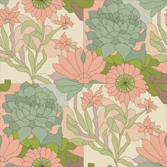 Seamless pattern watercolor colored various types of plant leaves on a white background created with	