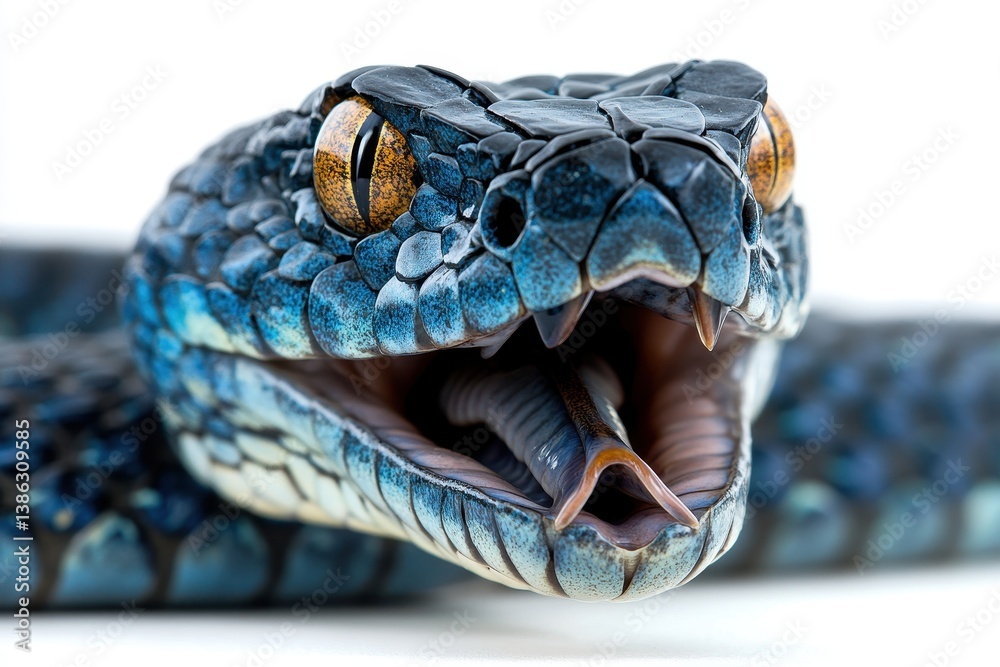 Poster colorful snake with striking blue and orange scales displays its tongue in a close-up view against a