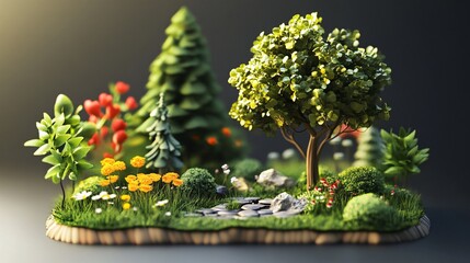 Fototapeta premium Miniature garden blooming with lush greenery and colorful flowers