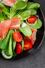 Jambon salad jamon meat vegetables dish fresh delicious gourmet food background on table rustic food top view copy space