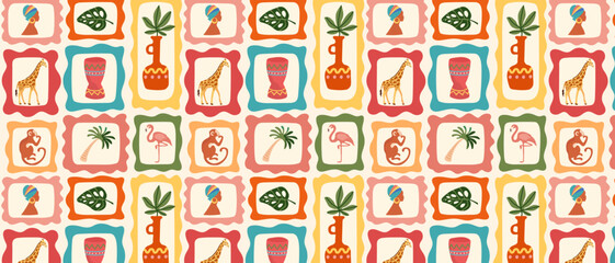 Retro collage in tropical style, seamless background. Hand drawn pictures with tropical animals and plants.