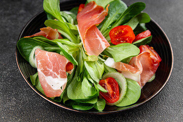 Jambon salad jamon meat vegetables dish fresh delicious gourmet food background on table rustic food top view copy space
