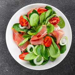 Jambon salad jamon meat vegetables dish fresh delicious gourmet food background on table rustic food top view copy space