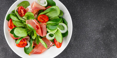 Jambon salad jamon meat vegetables dish fresh delicious gourmet food background on table rustic food top view copy space
