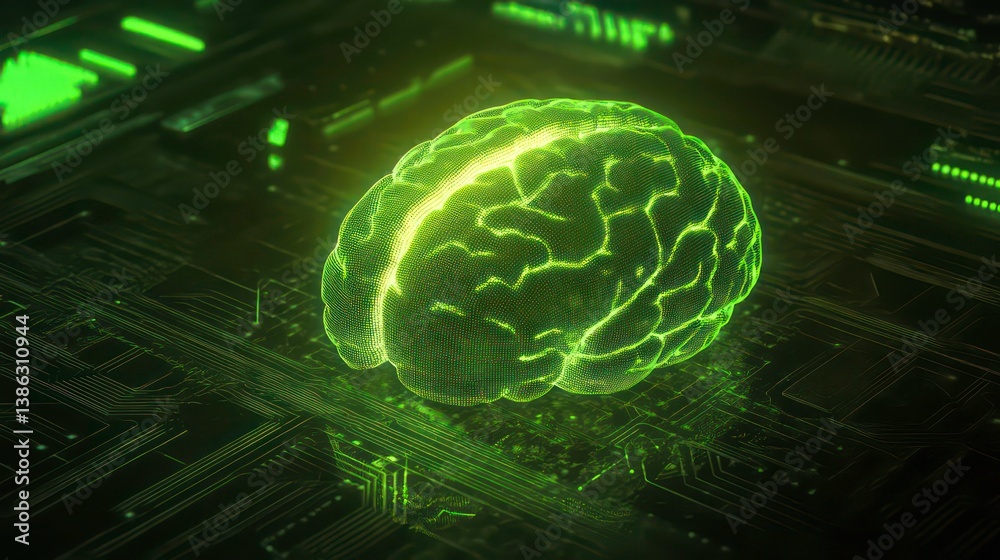 Sticker futuristic glowing human brain on a digital circuit background representing artificial intelligence,