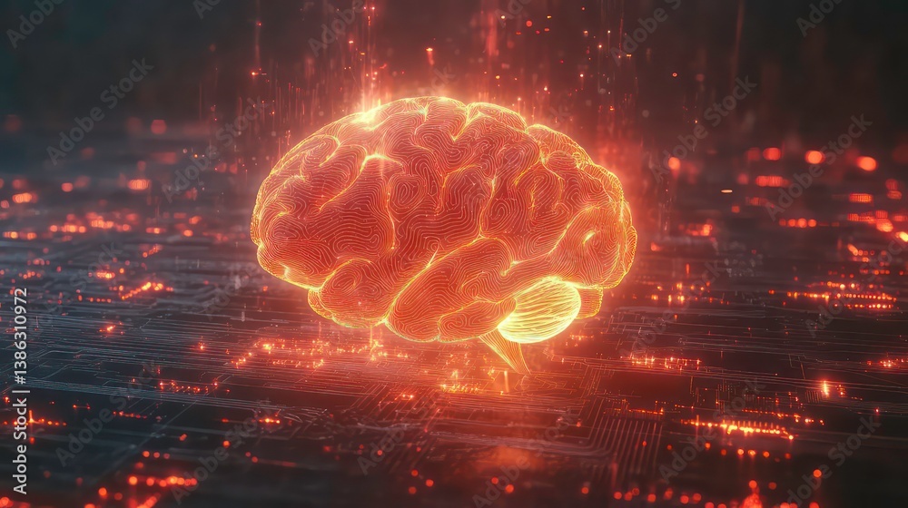 Poster futuristic glowing human brain on a digital circuit background representing artificial intelligence,