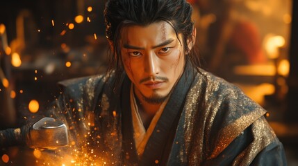 Obraz premium A warrior in traditional attire wielding a hammer amidst glowing embers evoking strength and r