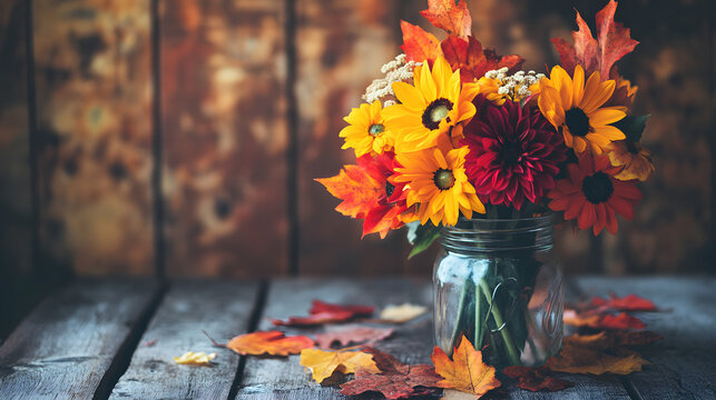 A lovely autumn bouquet featuring sunflowers, dahlias, and vibrant maple leaves, arranged in a vintage mason jar on a wooden table surrounded by fall decor. - Powered by Adobe