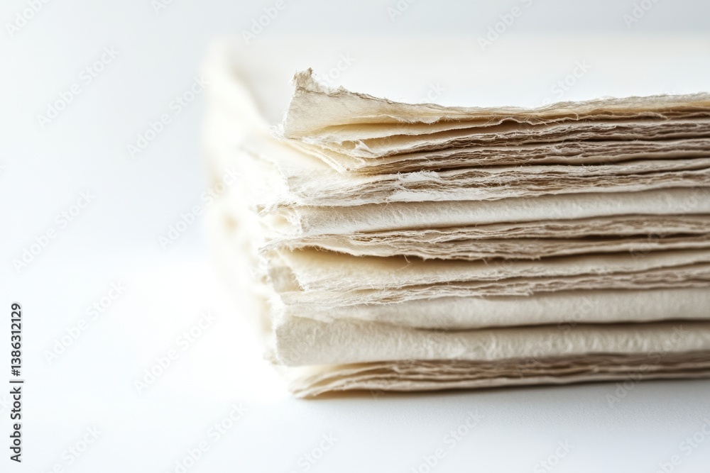 Fototapete Handmade paper sheets stacked neatly on a white surface, showcasing their unique texture and natural materials for crafting and artisanal projects