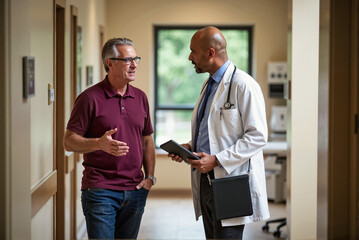 Doctor and Patient Having a Conversation in a Medical Office Hallway