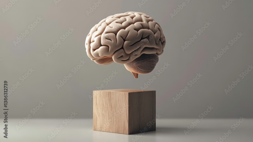 Poster human brain emerging from a digital block, symbolizing the intersection of neuroscience and technolo