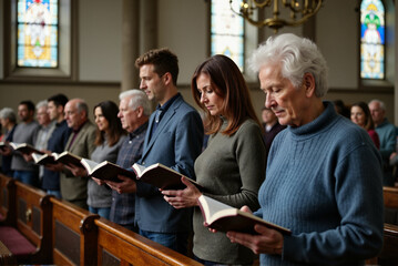 Congregation Gathering in Church Reading Hymn Books During Service