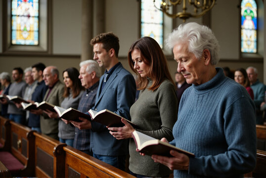 Congregation Gathering in Church Reading Hymn Books During Service