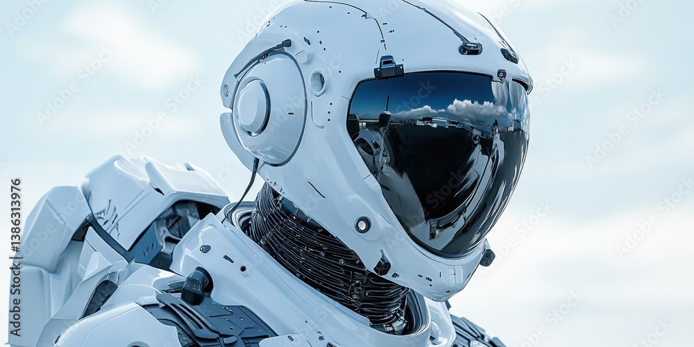 Aufkleber A futuristic humanoid robot in a sleek white spacesuit stands silently against a plain backdrop, showcasing advanced technology and human-like features in a modern display