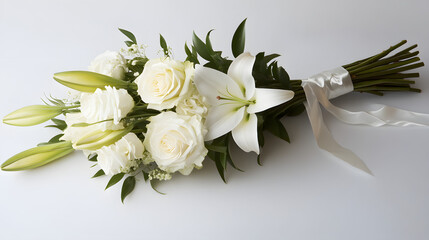 A minimalist funeral bouquet featuring white lilies and roses, tied with a simple ribbon for elegance.