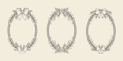 A set of hand-drawn vintage elegant frames. Botanical circular frame with bows. Monochrome ink. Vector illustration.