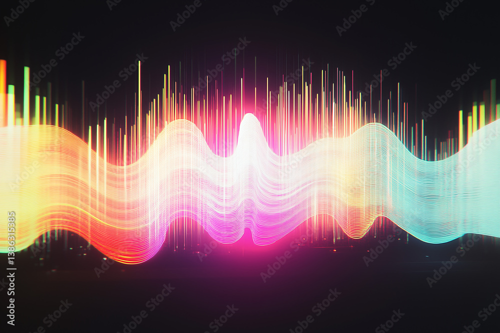 Poster vibrant sound wave visualization: dynamic sound waves pulsate with vibrant hues of light, creating a