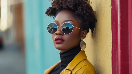Stylish woman posing wearing sunglasses and yellow jacket