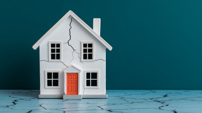 Miniature house with cracks on blue surface representing structural damage