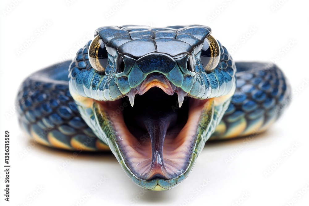 Poster colorful snake with striking blue and orange scales displays its tongue in a close-up view against a