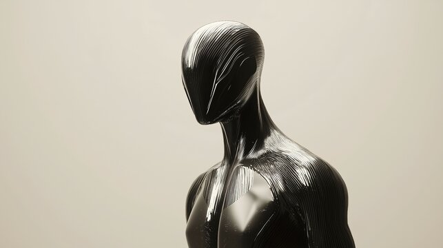 Man in a black suit with a silver head. The suit is made of metal. The man is standing in front of a white wall