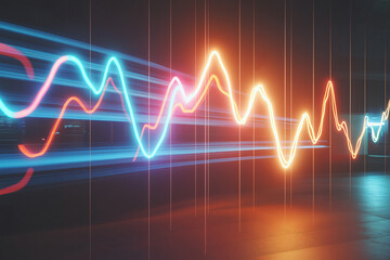 Dynamic Data Visualization: A vibrant digital display showcasing fluctuating data streams in a modern, minimalist setting, symbolizing financial analysis and technology.