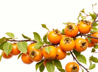 Branch of ripe orange persimmons with green leaves on a white background showcasing autumn harvest.