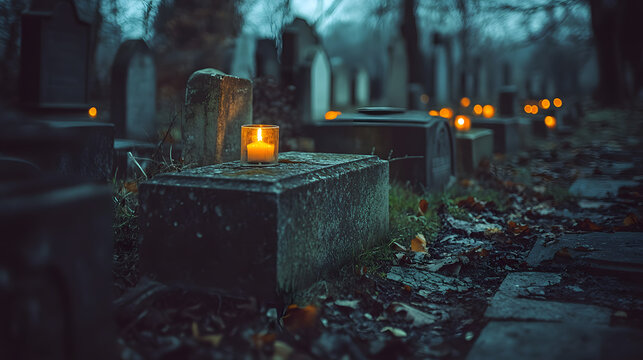 A quiet graveyard with old, weathered gravestones and flickering candles, symbolizing the eternal memory of the departed.