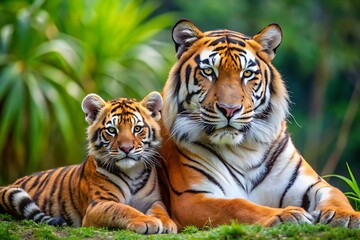 Naklejka premium Striped predator, a big feline, in wild jungle and zoo portrait.
