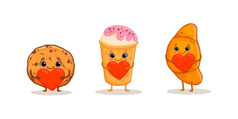set of cartoon food characters isolated on white. Cookie, croissant and ice cream with heart in flat style. 