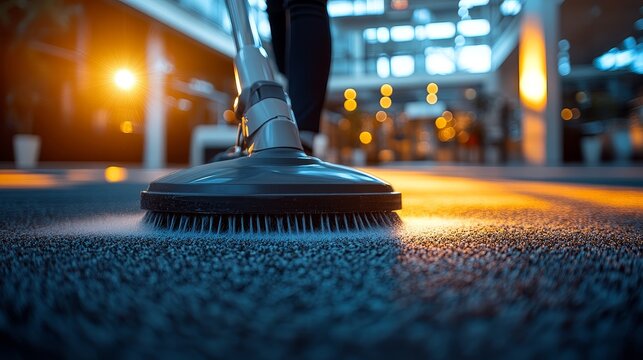 Industrial carpet cleaning with machine scrubber in modern office environment