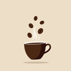 Obraz premium Brown coffee cup with floating beans and steam in flat vector art