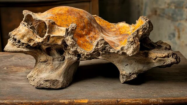 Ancient turtle shell displayed on rustic wooden table in a dimly lit environment highlighting its unique textures and colors