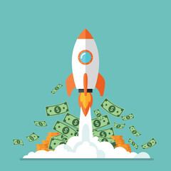 Rocket launching with money bills in a flat and vibrant vector illustration