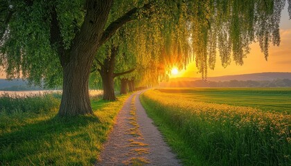 Obraz premium Serene Sunset Walk: Golden Hour Path