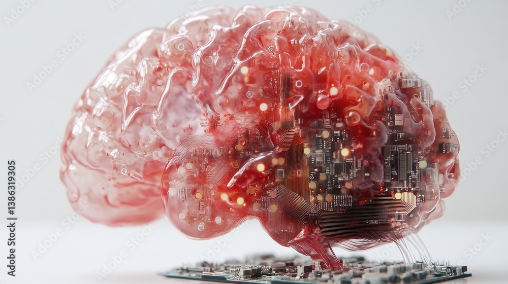 Leinwandbilder human-like brain formed from electronic circuits and artificial components sits atop a circuit board