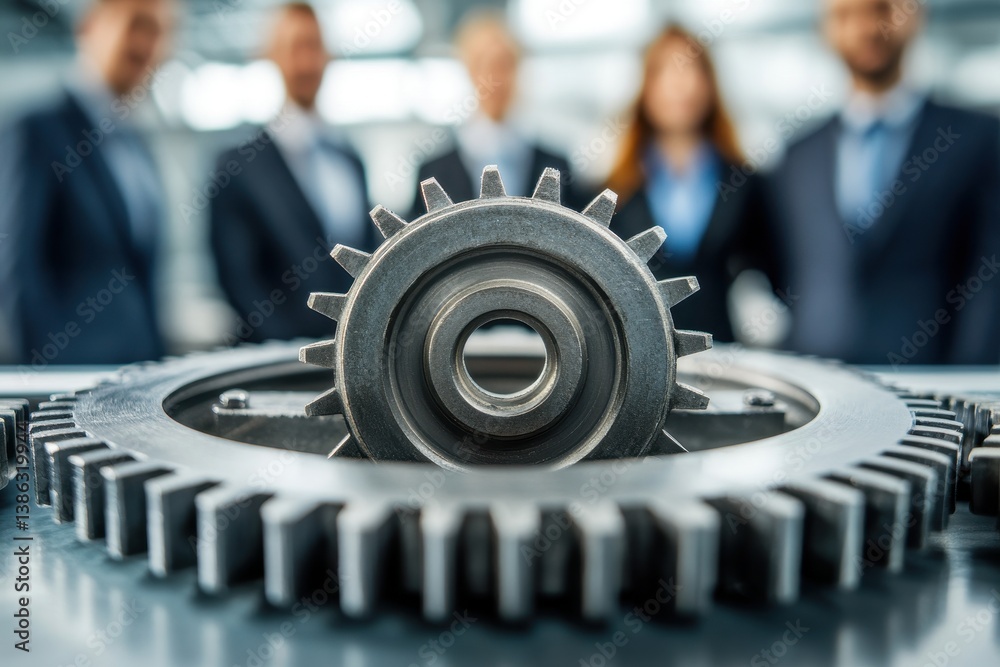 Poster mechanical gear in focus with blurred background of business professionals engaged in conversation