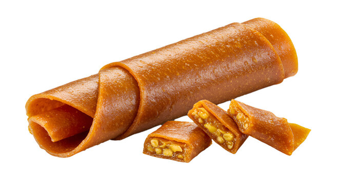 Fruit Roll Snack with Nuts and Tklapi on White Background  