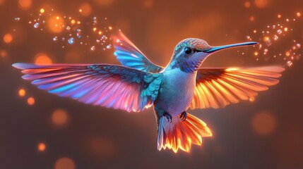 Obraz premium Vibrant Hummingbird in Flight with Glittering Wings and Warm Bokeh Background