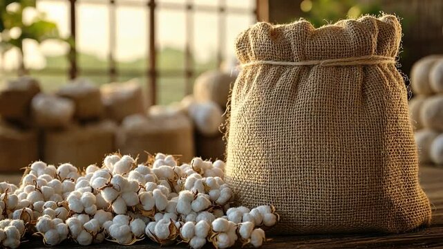 Cotton harvest, burlap bag, agricultural scene, sunlight