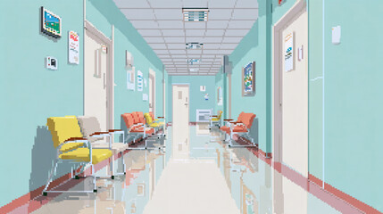 Pixel art game background. pixel art illustration of clean modern hospital corridor with blue walls and white doors, ceiling lights, and waiting chairs, medical interior concept