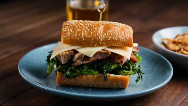 Philly Roast Pork Sandwich: Tender roast pork with sharp provolone and saut&eacute;ed broccoli rabe on a crusty roll. A Philadelphia specialty.