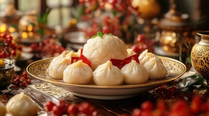 Delicious Steamed Buns and Dumplings on an Ornate Plate Perfect for Culinary and Cultural Them