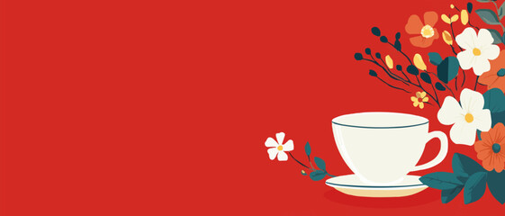 A flat design featuring a composition of flowers set on a red background with decorative flowers ideal for a tea party Copy space image