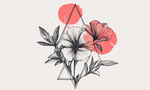 abstract drawn flower in geometric triangle illustration in trendy line linear art style. Branding